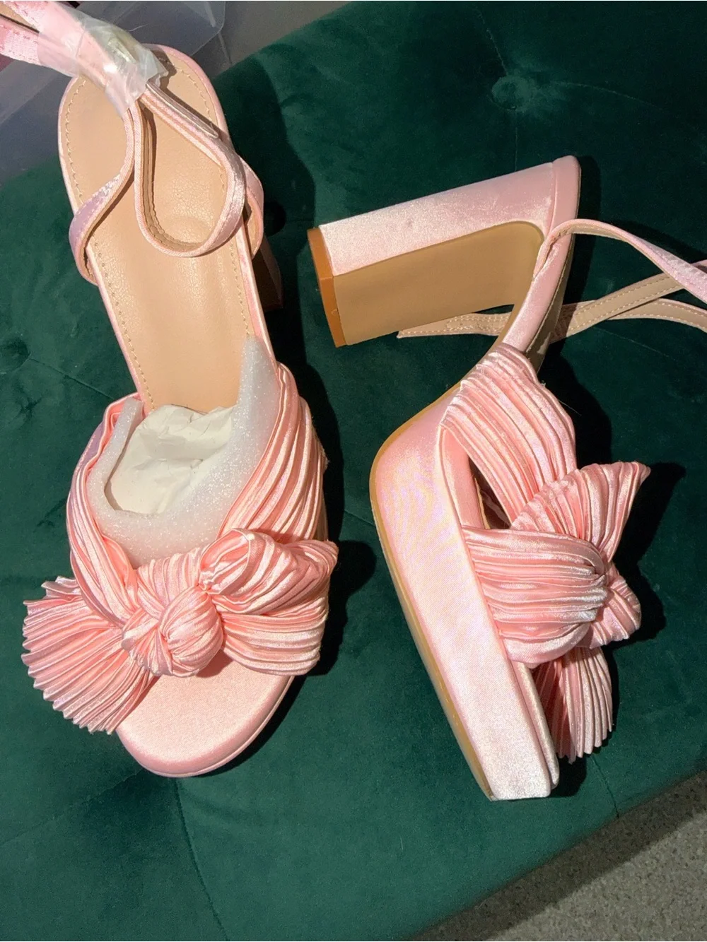 Pink Satin Bow Block Heel Sandals